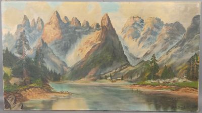 tableau représentant un paysage de montagne avec un lac et des montagnes en arrière-plan