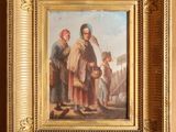 un vieux tableau représentant un homme et une femme debout devant un bâtiment
