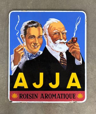 a sign with a picture of a man and a man smoking a pipe