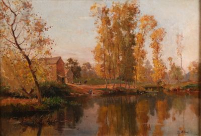 tableau représentant un tableau représentant une rivière avec une maison en arrière-plan