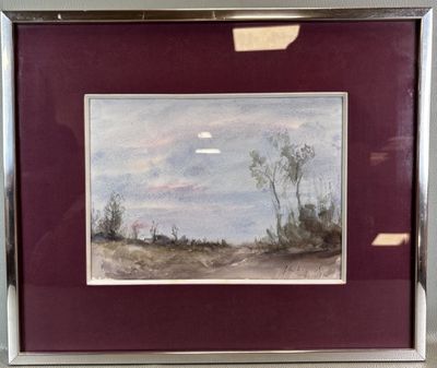 framed painting of a landscape with trees in the distance