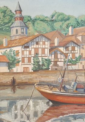 a painting of a boat in the water near a building