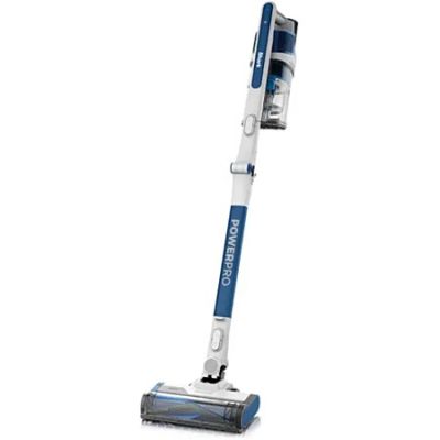 a blue and white cordless vacuum cleaner on a white background