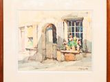 framed watercolor painting of a window with a potted plant in front of it