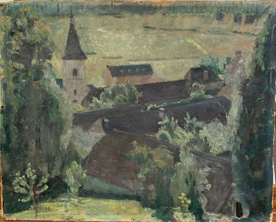 painting of a landscape with a church and a river in the foreground