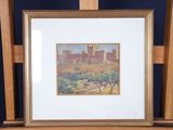 painting of a castle in the distance with a wooden easel in front of it