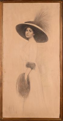 an old picture of a woman in a hat and dress with a feathered hat