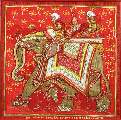 une image représentant un tableau où l'on voit un couple chevauchant un éléphant