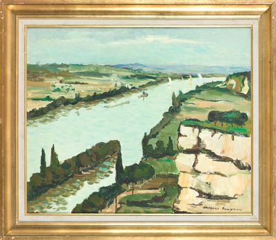 une image représentant un tableau représentant une rivière, dans un cadre doré