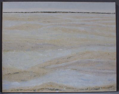 une peinture sur le mur représentant une plage avec un bateau dans l'eau