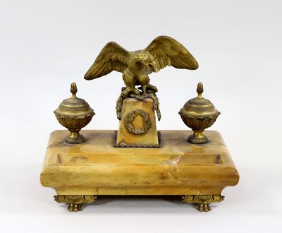 Double ENCRIER de bureau, en bronze doré et marbre jaune mou…