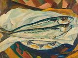 une peinture représentant un poisson dans une assiette posée sur une table