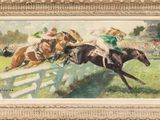 an image of a painting of a horse race going over a fence