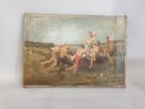 un vieux tableau représentant un groupe de personnes jouant avec un chien
