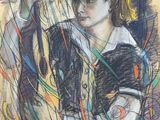 painting of a woman holding a baseball bat in her right hand