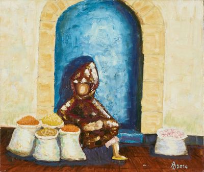 une peinture à l'huile représentant une femme assise devant une porte bleue