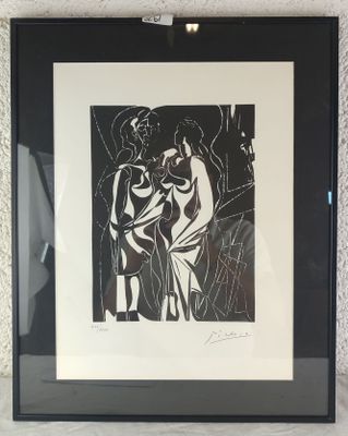 a black and white drawing of two people in a room