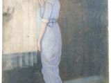 painting of a woman in a blue dress looking out of a window