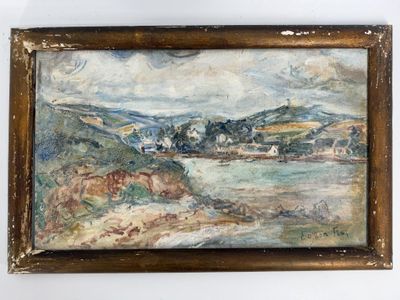 une peinture à l'huile représentant un paysage avec une rivière au premier plan et un village au loin