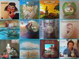un collage de différentes pochettes d'albums sur fond bleu