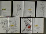 six books with drawings of a man in a hat and a woman in a dress