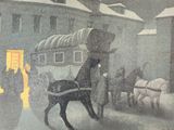 a painting of a horse pulling a carriage in the snow