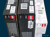 three boxes of lego star wars are stacked on top of each other