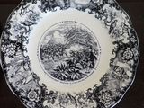 a black and white plate sitting on top of a table