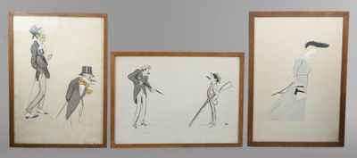 trois dessins encadrés représentant une femme en robe et un homme au haut-de-forme