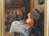 an oil painting of a woman sitting at a table in front of a group of people
