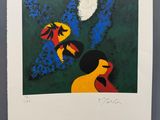 a painting of a woman and a bird on a green background