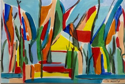 painting of a painting of a group of trees with a sky in the background
