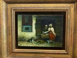 an old painting of a man and a dog in a room