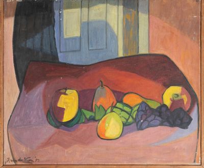 une peinture représentant une nature morte avec des fruits sur la table