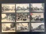 several old black and white photos of a street with buildings