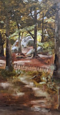 painting of a path through a wooded area with trees in the foreground