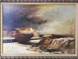 an oil painting of a boat on a beach next to a cliff