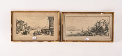 deux dessins encadrés représentant une scène urbaine avec un homme à cheval et une femme à cheval