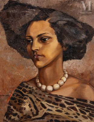 an oil painting of a woman wearing a leopard print dress and pearl necklace