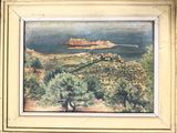 a picture of a painting of a view of the ocean