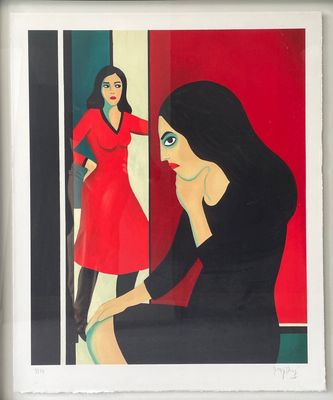 tableau représentant une femme en robe rouge qui se regarde dans un miroir