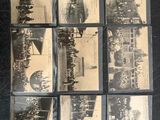 several old black and white photographs of people standing in front of a building