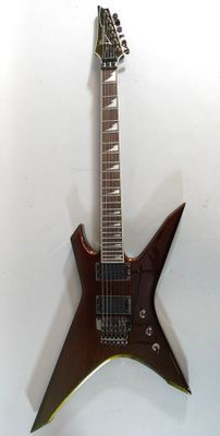 an electric guitar hanging on a wall with a white background