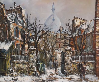 tableau représentant une rue enneigée avec une église en arrière-plan
