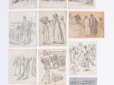 Plusieurs dessins représentant des personnes et des animaux sont exposés sur une surface blanche.