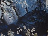 a painting of a woman laying down on a rock