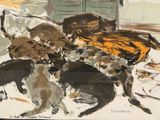 a painting of a group of dogs playing with each other