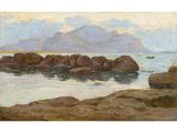 an image of a painting of a rocky shore with a boat in the distance