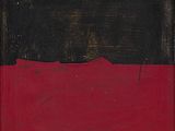 une peinture abstraite réalisée à la peinture noire et rouge sur un fond rouge