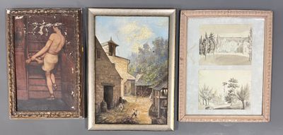 trois tableaux encadrés représentant une femme et un homme dans une grange